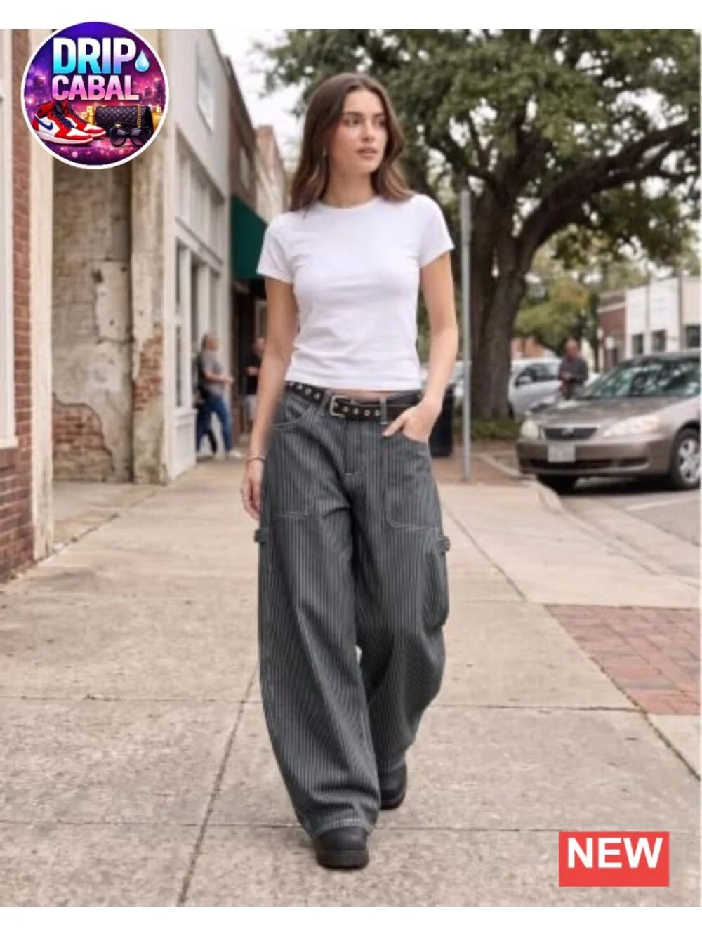 Baggy Barrel Jeans Striped High Waisted Wide Leg Denim Pants Women